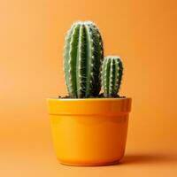 un cactus planta en un amarillo maceta en un naranja antecedentes generativo ai foto