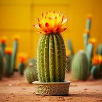 un cactus planta con brillante naranja flores en frente de un amarillo pared generativo ai foto