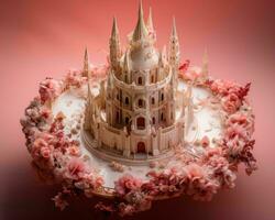 a cake made to look like a castle with pink flowers generative ai photo