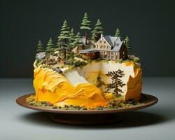 a cake with a house on top of a mountain generative ai photo