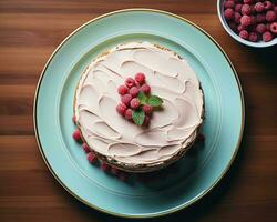 a cake with frosting and raspberries on a plate generative ai photo