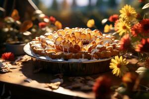 a cake sitting on top of a table with flowers around it generative ai photo