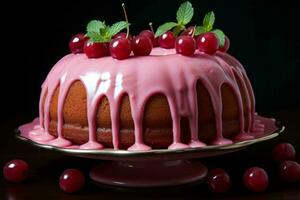 un pastel con rosado Formación de hielo y cerezas en un plato generativo ai foto