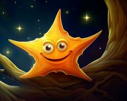 a cartoon starfish is sitting on a tree branch with stars in the background generative ai photo