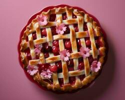 a cherry pie on a pink background generative ai photo