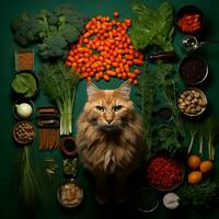 a cat is surrounded by vegetables and fruits generative ai photo