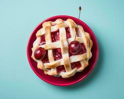 a cherry pie with a lattice on a blue background generative ai photo