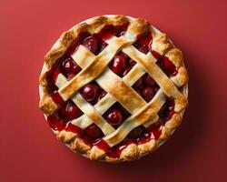 a cherry pie on a red background generative ai photo