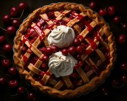 a cherry pie topped with whipped cream and cherries generative ai photo