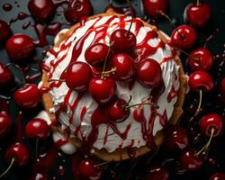 a cherry pie with whipped cream and cherries on a black background generative ai photo