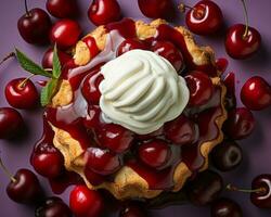 a cherry pie topped with whipped cream and cherries generative ai photo