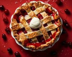 un Cereza tarta con azotado crema y cerezas en un rojo antecedentes generativo ai foto