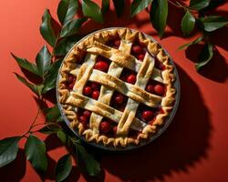 a cherry pie with lattice on a red background generative ai photo