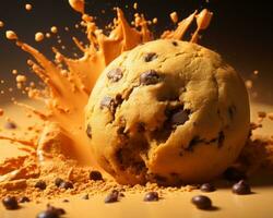 a chocolate chip cookie is being splashed with chocolate powder generative ai photo