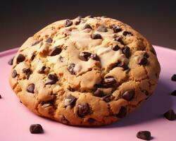 a chocolate chip cookie on a pink plate generative ai photo