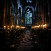 a church filled with candles and flowers generative ai photo