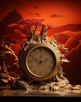 a clock is sitting on top of a mountain with red trees in the background generative ai photo