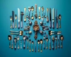 a circular arrangement of silverware and cutlery on a blue background generative ai photo