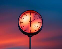 un reloj en parte superior de un polo en frente de un vistoso cielo generativo ai foto