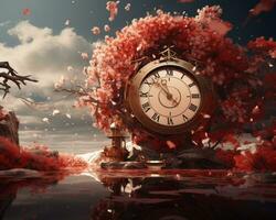 a clock is sitting on top of a tree with red flowers generative ai photo