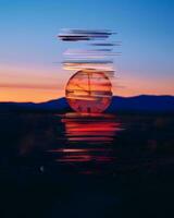 a clock sitting in the middle of a field with a sunset in the background generative ai photo