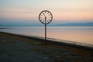 a clock on a pole at the edge of a body of water generative ai photo