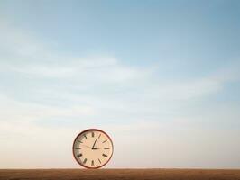 a clock sitting on top of a dirt field with a blue sky in the background generative ai photo