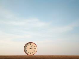 un reloj sentado en parte superior de un suciedad campo con un azul cielo en el antecedentes generativo ai foto