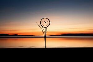a clock sitting on top of a stick in the middle of a body of water generative ai photo