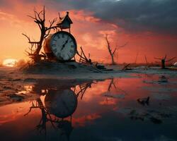 a clock sitting on the ground next to a dead tree generative ai photo