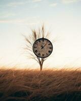 a clock sitting on top of a tree in the middle of a field generative ai photo