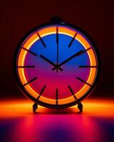 a clock with neon lights on it in a dark room generative ai photo