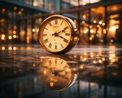 un reloj sentado en el suelo en frente de un edificio generativo ai foto