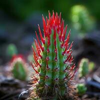 un cerca arriba de un cactus planta con rojo Picos generativo ai foto