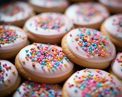 a close up of a bunch of pink frosted cookies with colorful sprinkles generative ai photo