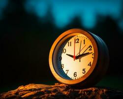 a clock sitting on top of a tree stump at night generative ai photo