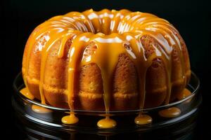 un cerca arriba de un bundt pastel con caramelo llovizna generativo ai foto