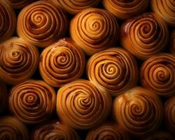 a close up of a bunch of cinnamon rolls on a black background generative ai photo