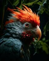 a close up of a parrot with red and orange feathers generative ai photo