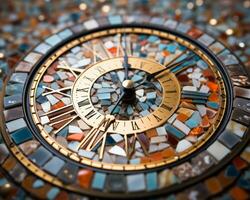 un cerca arriba de un mosaico reloj con romano numerales generativo ai foto