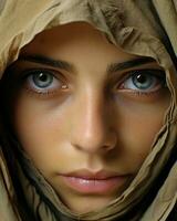un cerca arriba de un mujer con azul ojos generativo ai foto