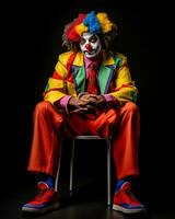 a clown sitting on a chair in front of a black background generative ai photo