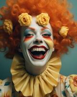 a clown with red hair and flowers on her face generative ai photo