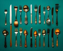 a collection of silverware and cutlery on a blue background generative ai photo