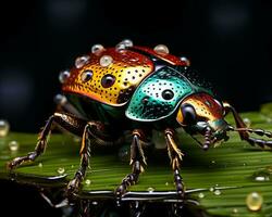 un vistoso escarabajo en un hoja con agua gotas generativo ai foto