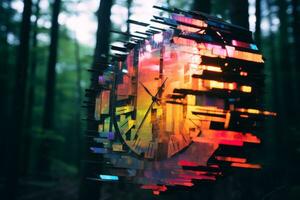 a colorful clock hanging from a tree in the woods generative ai photo