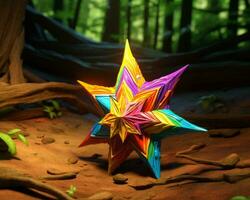 a colorful origami star in the woods generative ai photo