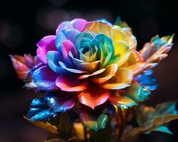 un vistoso flor con arco iris pétalos en un oscuro antecedentes generativo ai foto