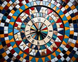 un vistoso mosaico reloj con romano numerales generativo ai foto