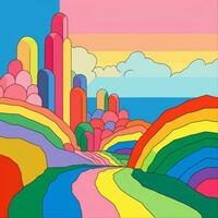a colorful painting of a city with a rainbow in the background generative ai photo